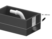 Installation box with flexible drain connection and cutting guide for height adjustment from 90 to 200 mm.